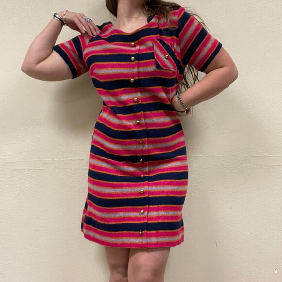 Vintage 70s Handmade Striped Mod Knit Sweater Shift Dress | Size M/L - Picture 12 of 12